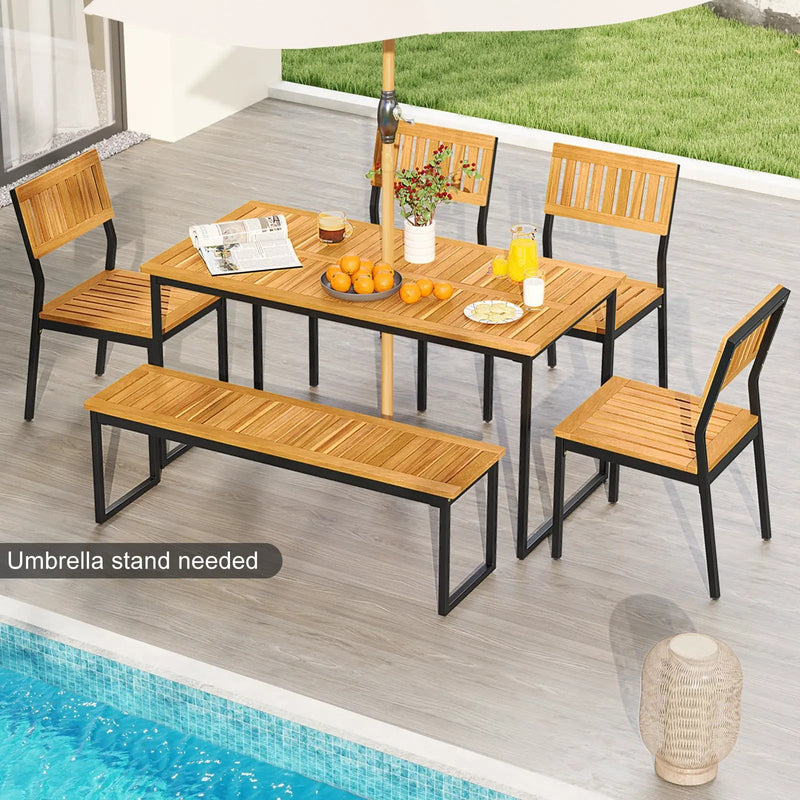 6 Pieces Outdoor Acacia Wood Dining Set with Bench and 2 Inches Umbrella Hole by DirectDeals