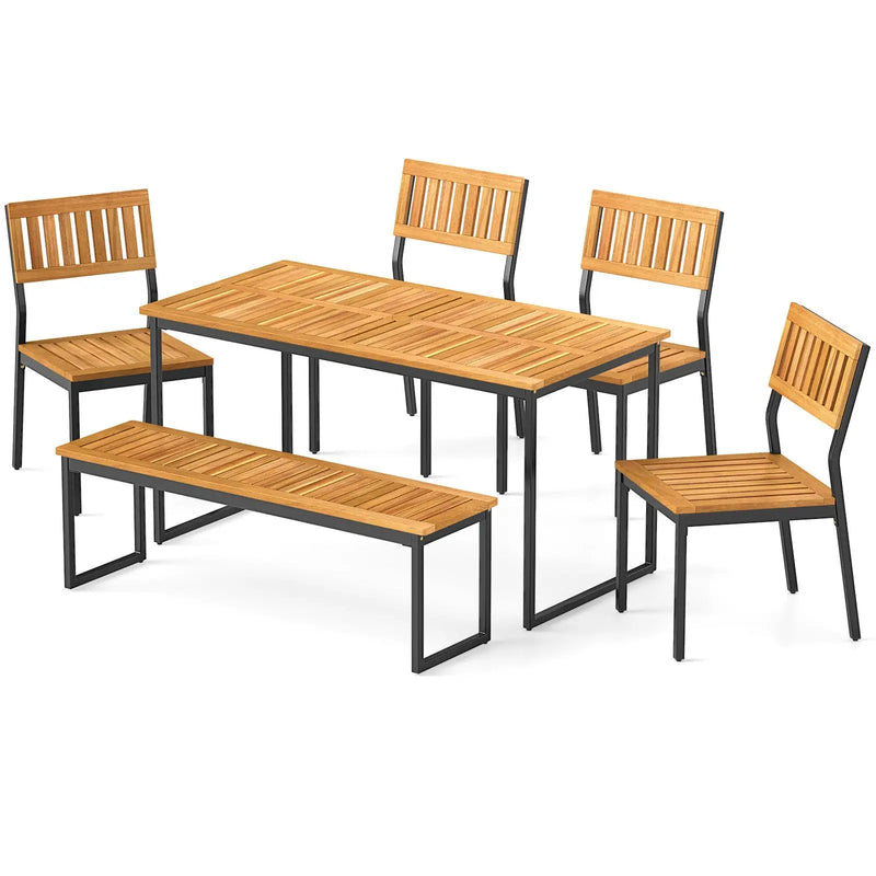 6 Pieces Outdoor Acacia Wood Dining Set with Bench and 2 Inches Umbrella Hole by DirectDeals