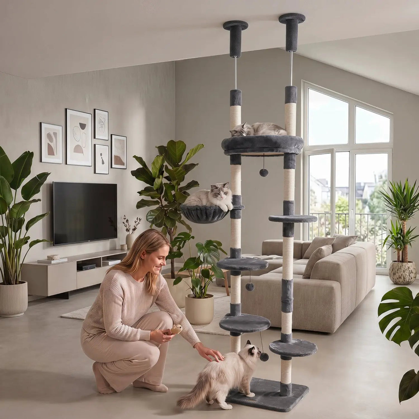 Floor-to-Ceiling Cat Tree with 6 Tiers and Hammock by DirectDeals