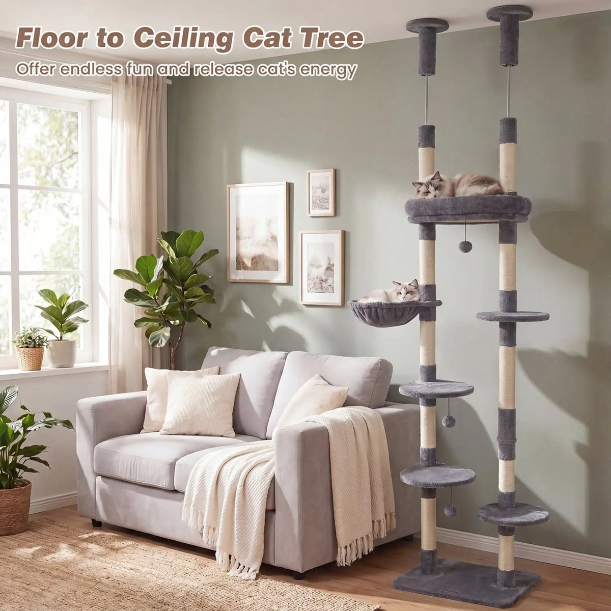 Floor-to-Ceiling Cat Tree with 6 Tiers and Hammock by DirectDeals