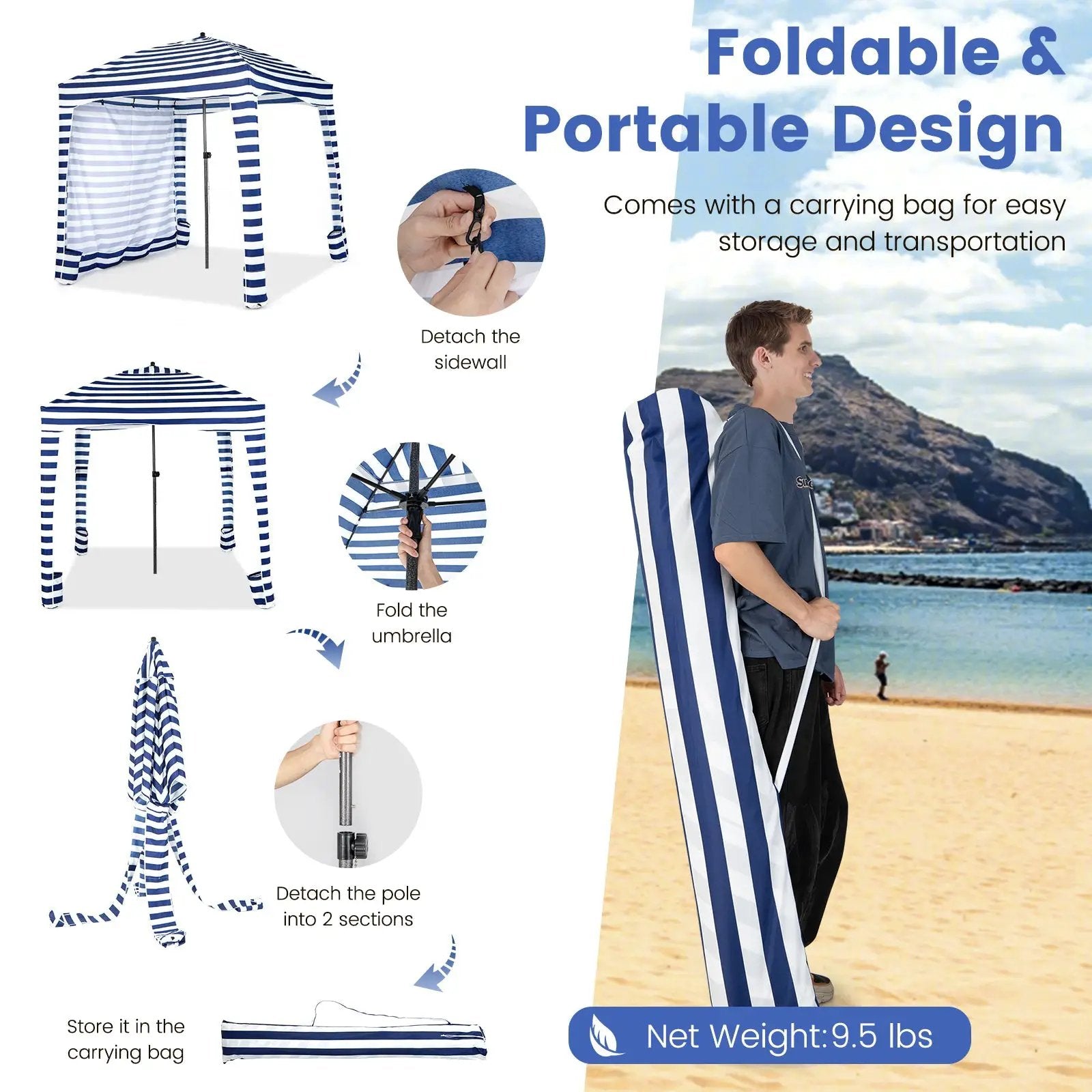 6 x 6 Feet Foldable Beach Cabana Tent with Carrying Bag and Detachable Sidewall by DirectDeals