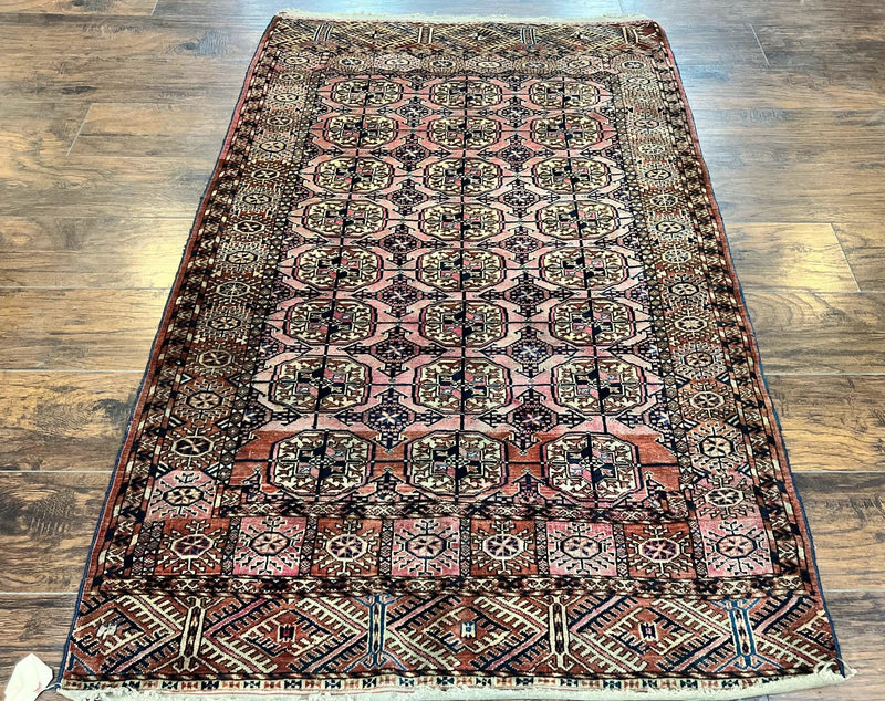Persian Turkoman Rug 4x6, Wool Hand Knotted Antique Bokhara Carpet, Red Pink, Handmade Tribal Oriental Rug 4 x 6 ft by Jewel Rugs