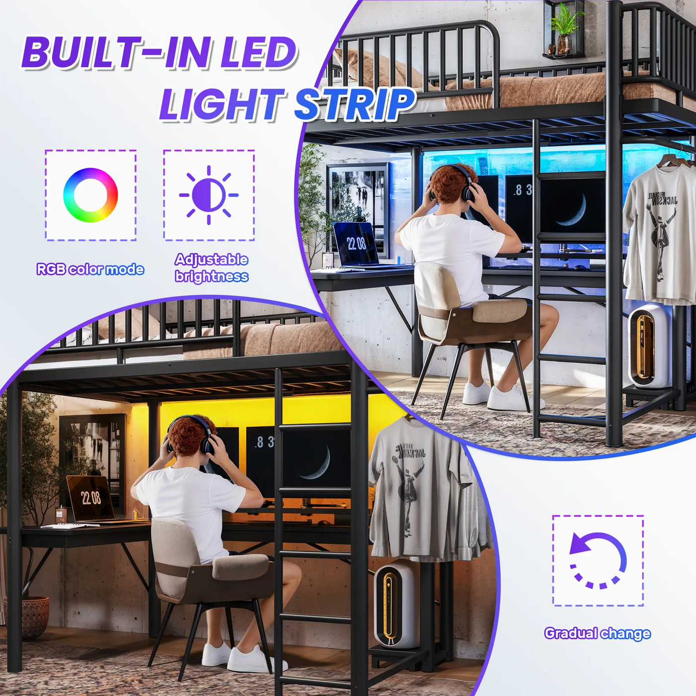 Full Loft Bed with L-Shaped Desk and LED Light Strip by HouseOfZazla