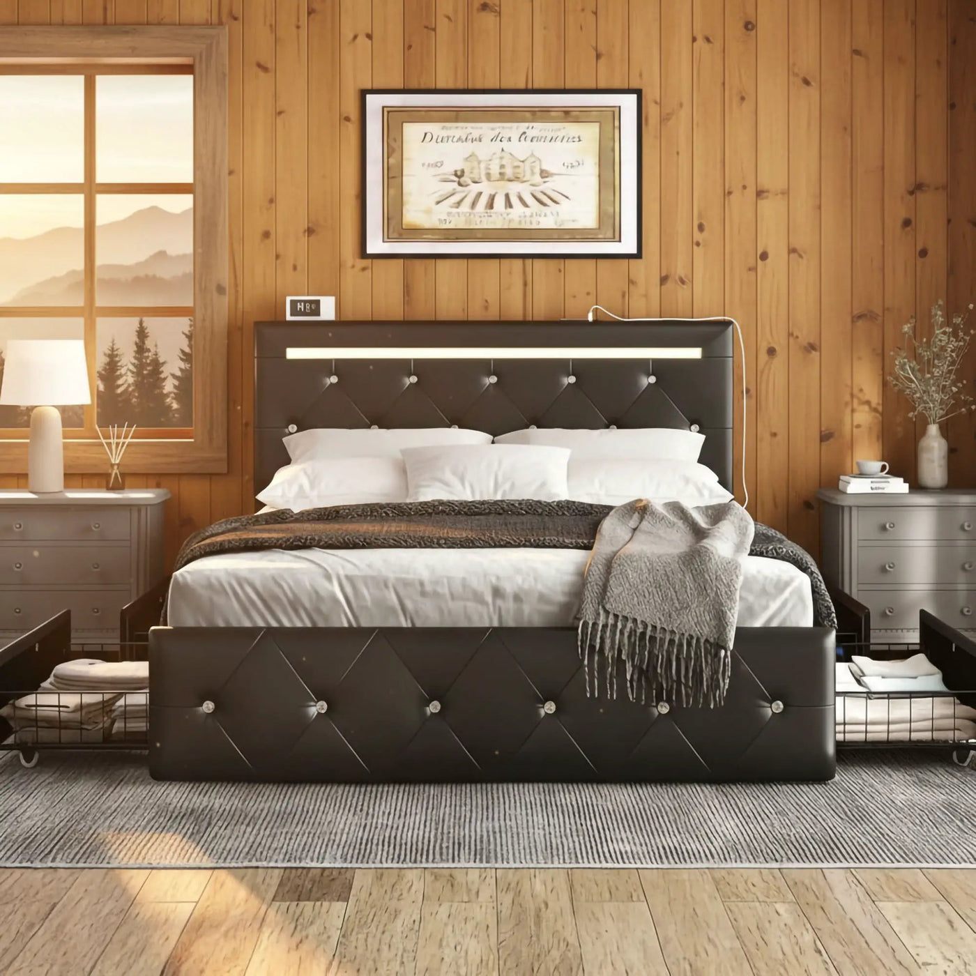Upholstered Bed Frame With LED Lights, 4 Storage Drawers, Charging Station by HouseOfZazla