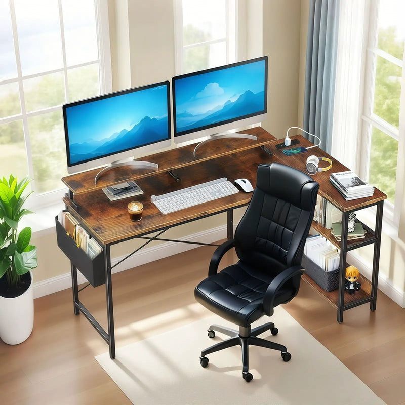 L-Shaped Gaming Desk With Power Outlets, Monitor Stand & Storage Shelves by HouseOfZazla