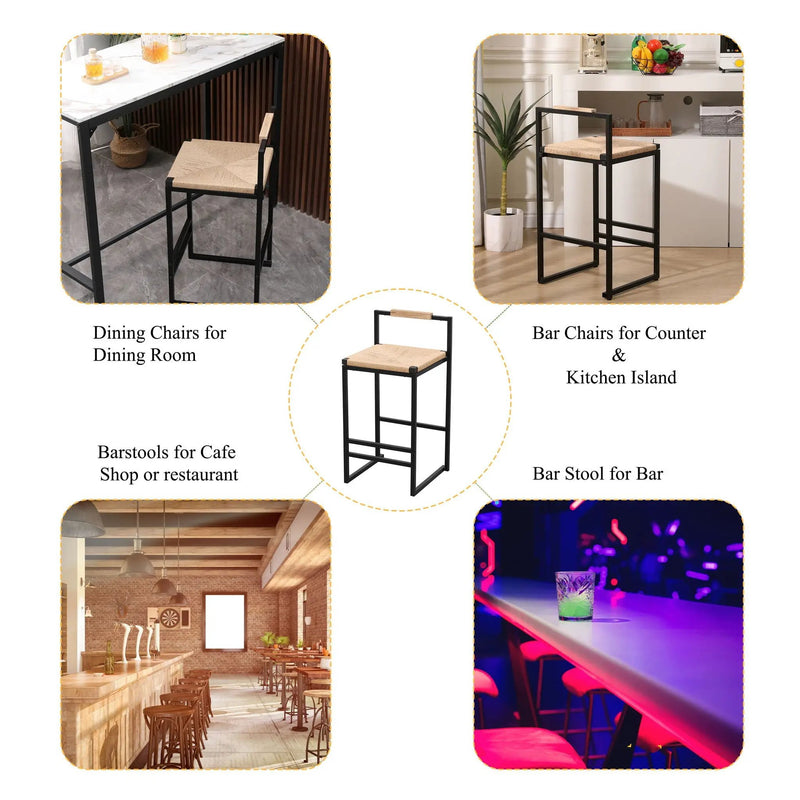 Stylish (Set of 2) Bar Stools With Backrest And Paper Rope Woven Seat, Counter Height Dining Chairs For Kitchen - Natural by HouseOfZazla