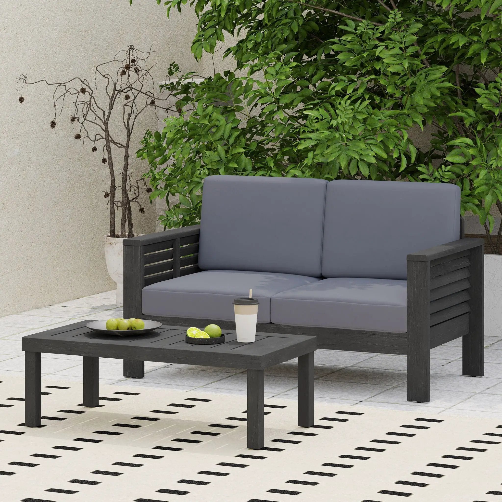 Acacia Wood Loveseat And Coffee Table Set With Cushions by HouseOfZazla