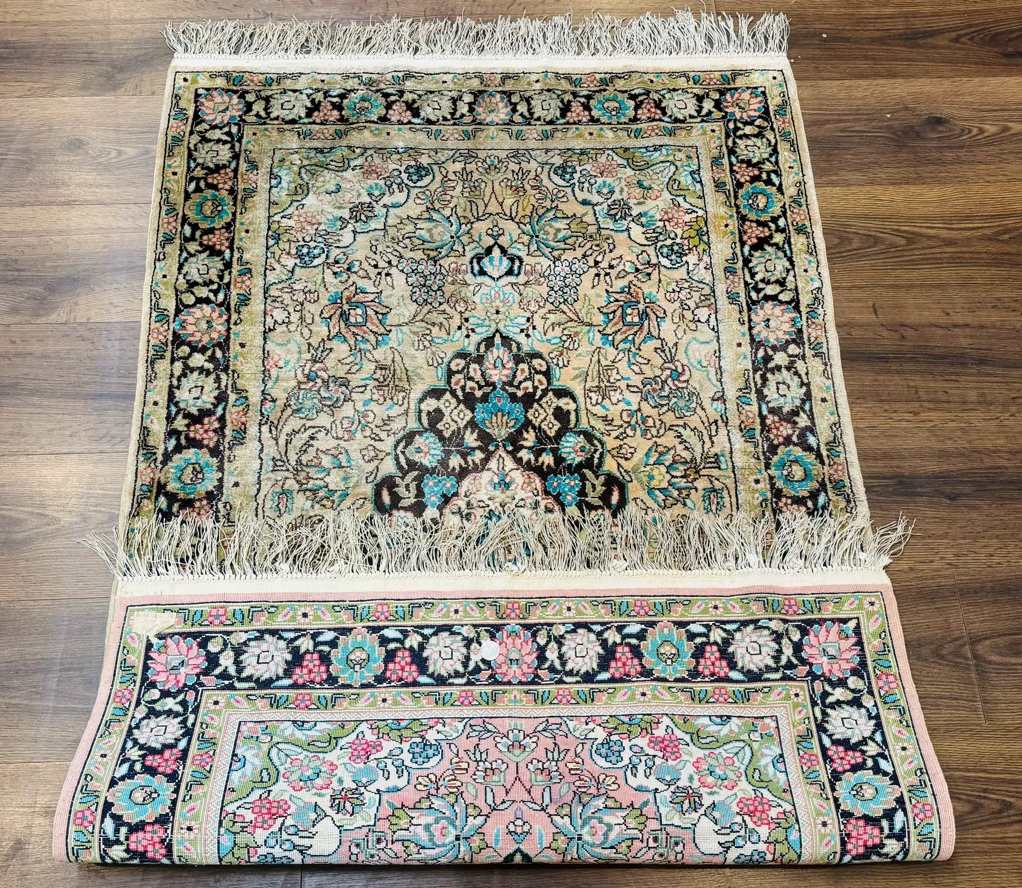 Indian Kashmiri Silk Rug 3x5, Floral Medallion, Fine 200 KPSI by Jewel Rugs