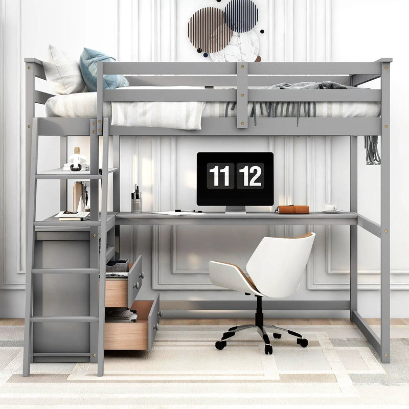 Modern Loft Bed With Built In Desk, Shelves, And 2 Drawers by HouseOfZazla