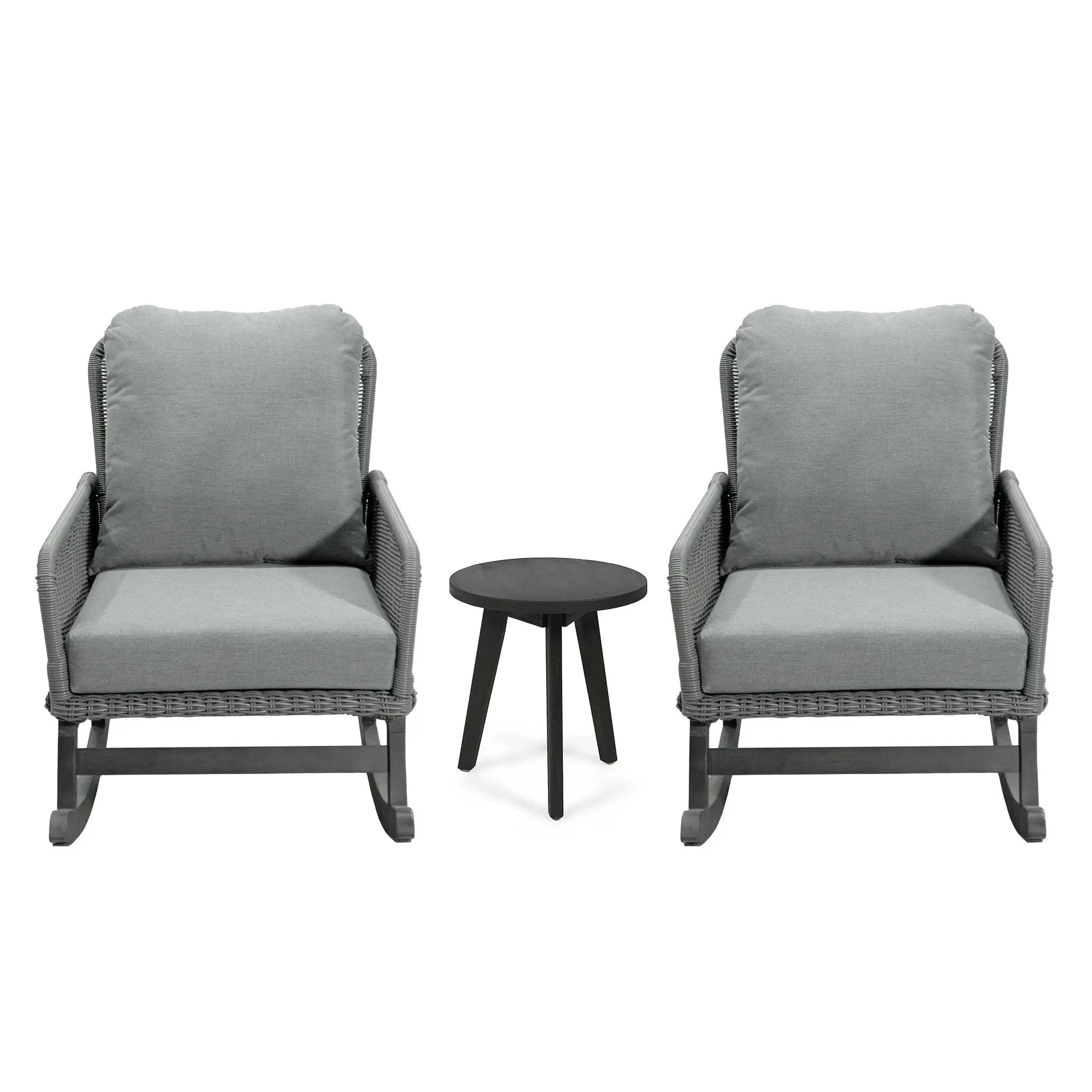 Modern 3 Piece Outdoor Seating Set with Cushioned Rattan Rocking Chairs and Wooden Accent Table by HouseOfZazla