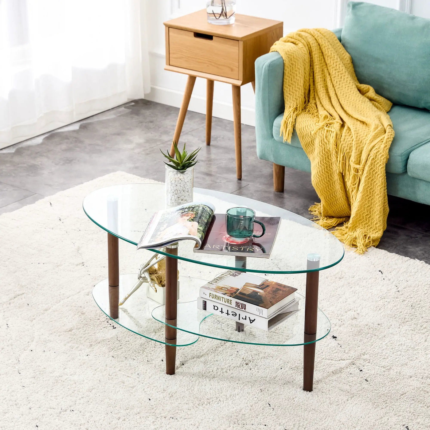 Transparent Oval Glass Coffee Table, Modern Table In Living Room Oak Wood Leg Tea Table 3-Layer Glass Table by HouseOfZazla