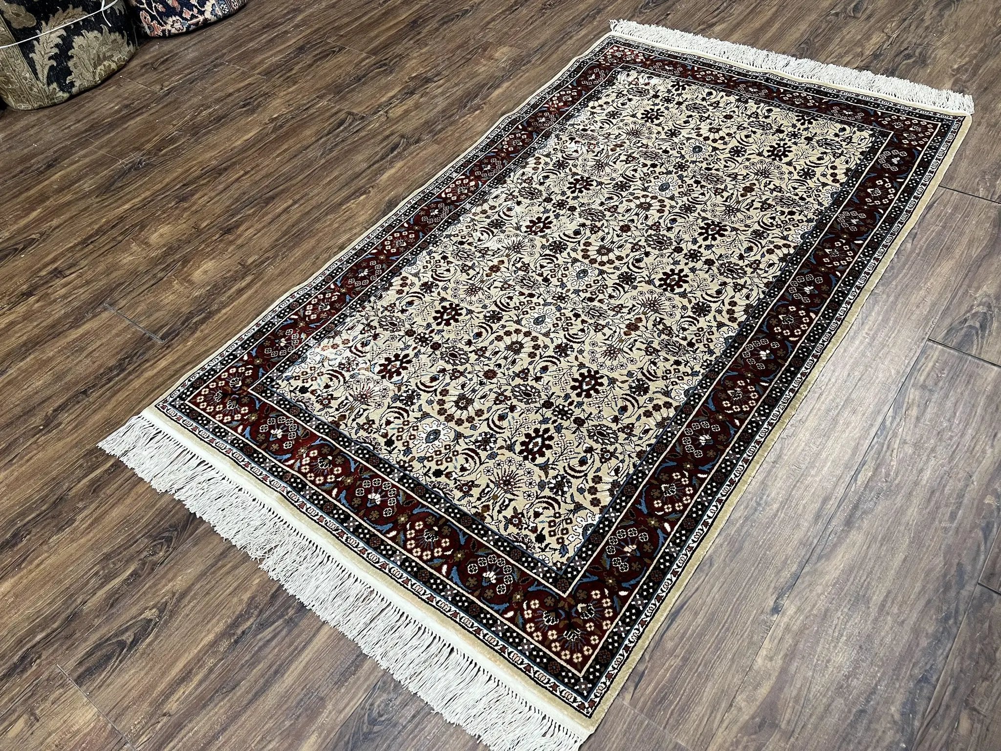 Fine Sino-Persian Silk Rug 3x5, High Quality Silk Carpet, Handmade Small Silk Rug, Allover Repeated Motif, Tan Maroon Blue Vintage Silk Rug by Jewel Rugs