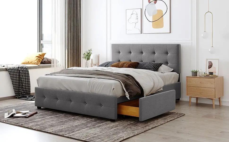 Upholstered Platform Bed With Classic Headboard And Drawers, No Box Spring Needed by HouseOfZazla