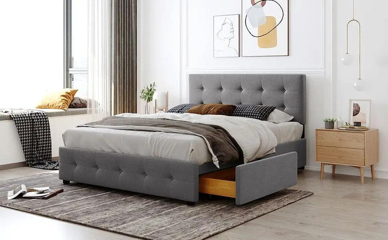 Upholstered Platform Bed With Classic Headboard And Drawers, No Box Spring Needed by HouseOfZazla