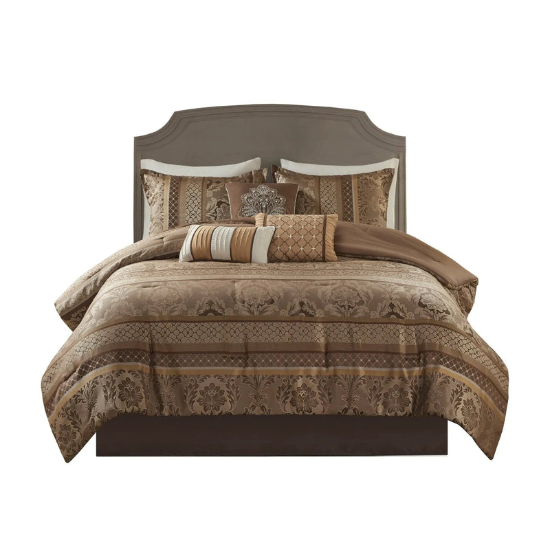 7 Piece Jacquard Comforter Set - Brown/Gold Cal King by HouseOfZazla