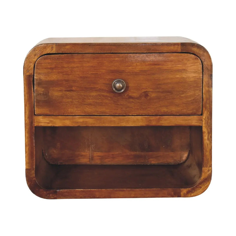 Solid Wood Mini Curve Floating Nightstand, 1-Drawer, 1 Open Slot, Chestnut by HouseOfZazla
