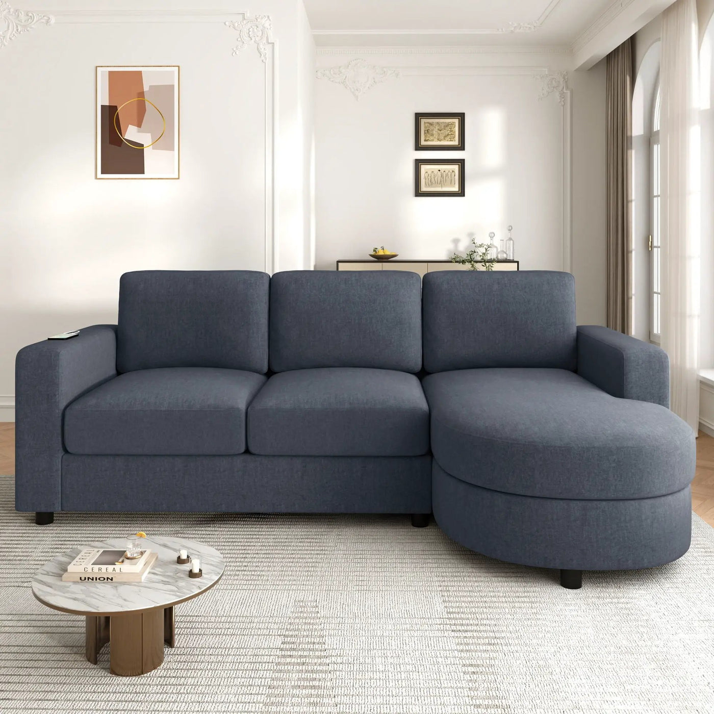 Modern L-Shaped Sectional Sofa With Curved Chaise, USB Ports, And Side Storage Pockets by HouseOfZazla