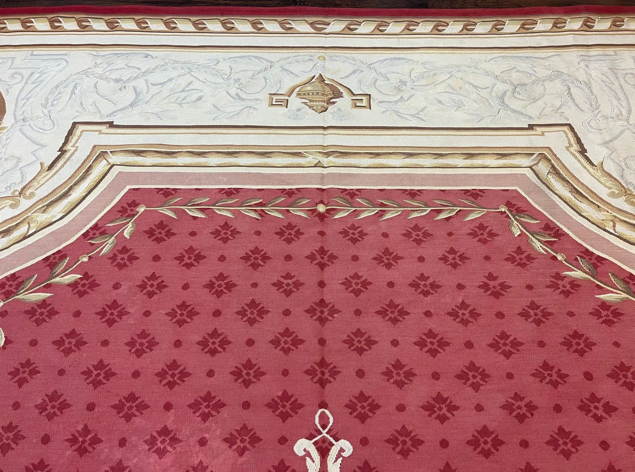 Aubusson Rug 9x12 ft, Red and Ivory Elegant Aubusson Carpet, Flatweave, Vintage Wool Handmade Area Rug 9 x 12, French European Design by Jewel Rugs