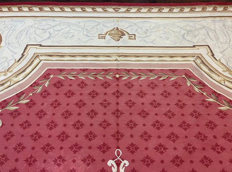 Aubusson Rug 9x12 ft, Red and Ivory Elegant Aubusson Carpet, Flatweave, Vintage Wool Handmade Area Rug 9 x 12, French European Design by Jewel Rugs
