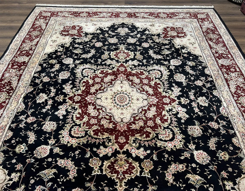 Pak Persian Rug 8.8 x 10.6, Floral Medallion, Wool and Silk Hand Knotted Fine Oriental Carpet, Elegant Rug, Black Gray Burgundy, Room Sized by Jewel Rugs