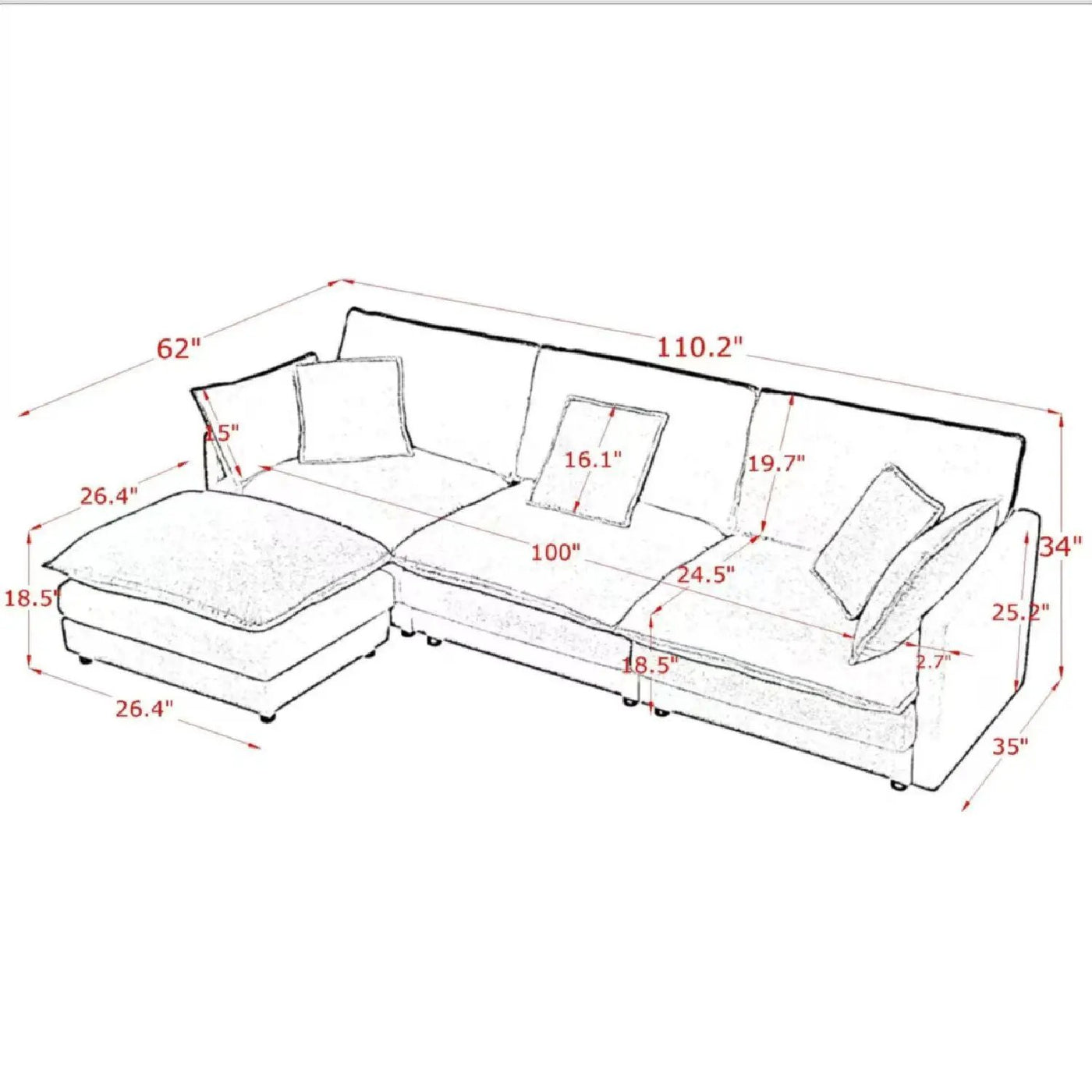 L-Shaped Sectional Sofa With Ottoman, Convertible 4 Seater Couch by Unique Piece Furniture