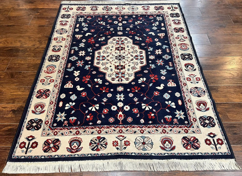 Belgium Power Loomed Rug 5.6 x 7, Navy Blue and Ivory, Heriz Pattern, Vintage Oriental Carpet by Jewel Rugs
