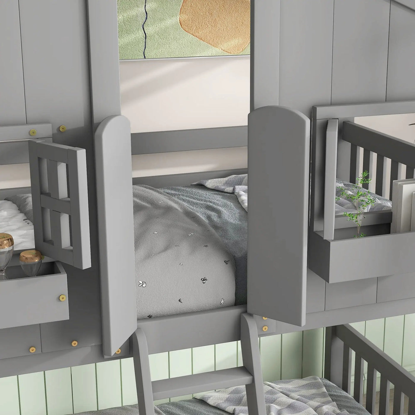 House Bunk Bed With Roof, Window, Window Box, Door, With Safety Guardrails And Ladder by HouseOfZazla