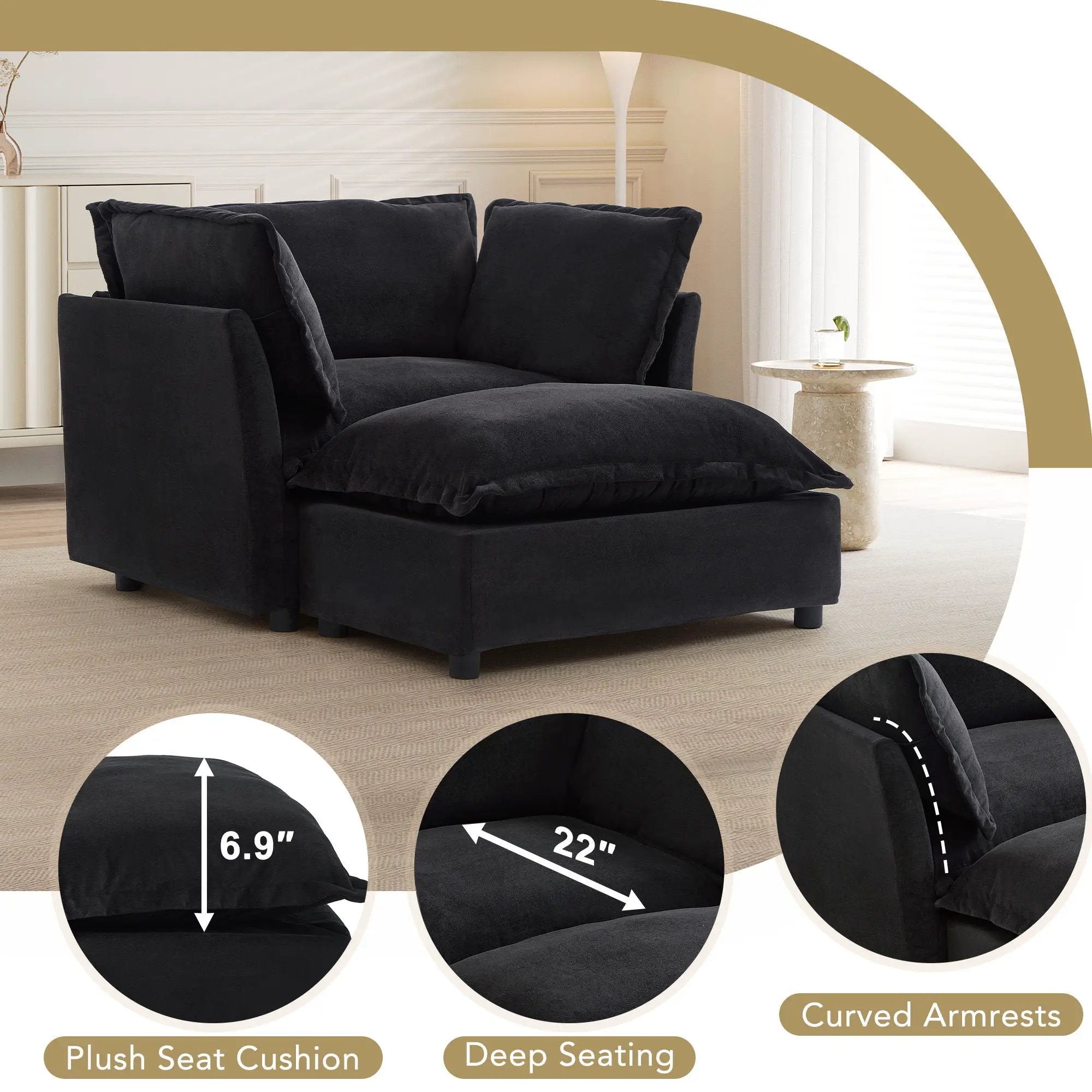 Modern Cozy Upholstered Armchair Sofa With Movable Ottoman by Unique Piece Furniture