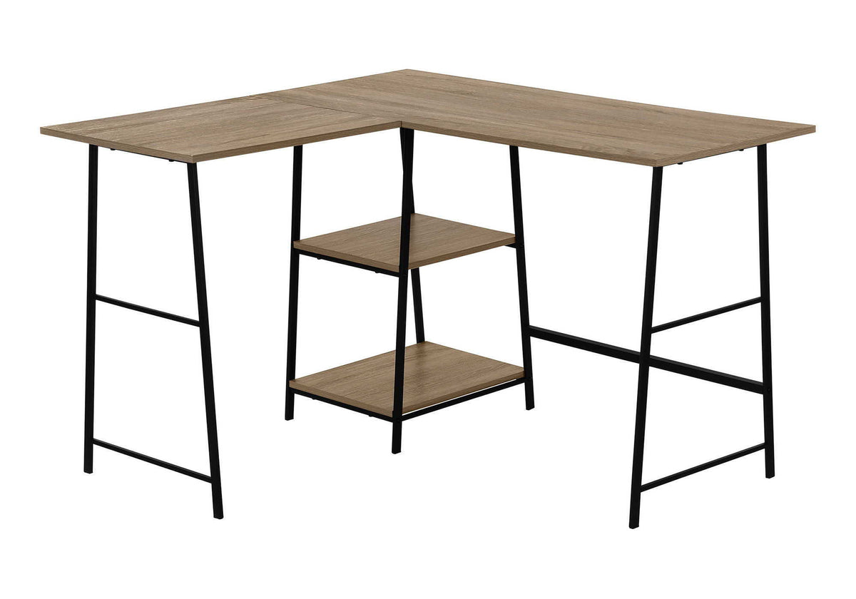 L-Shape Corner Computer Desk with Storage Shelves - Modern Wood & Metal - Light Brown, Gray, Dark Brown, photo 2 of 12