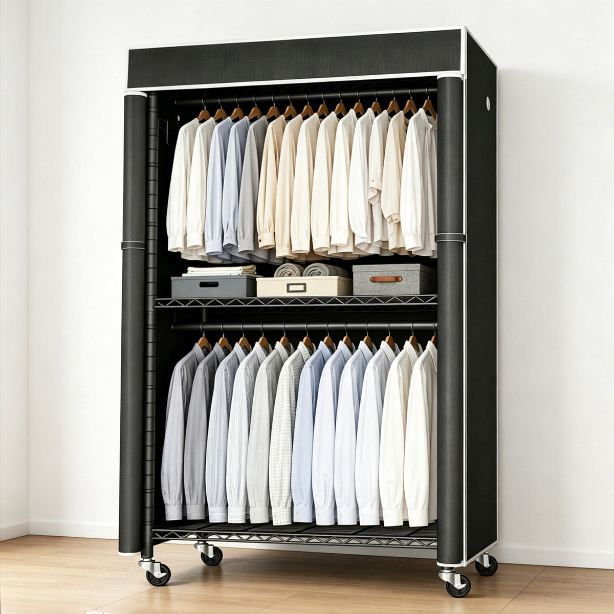 Freestanding Garment Rack with Dust Cover – Iron Frame, Mobile - Black, photo 7 of 8