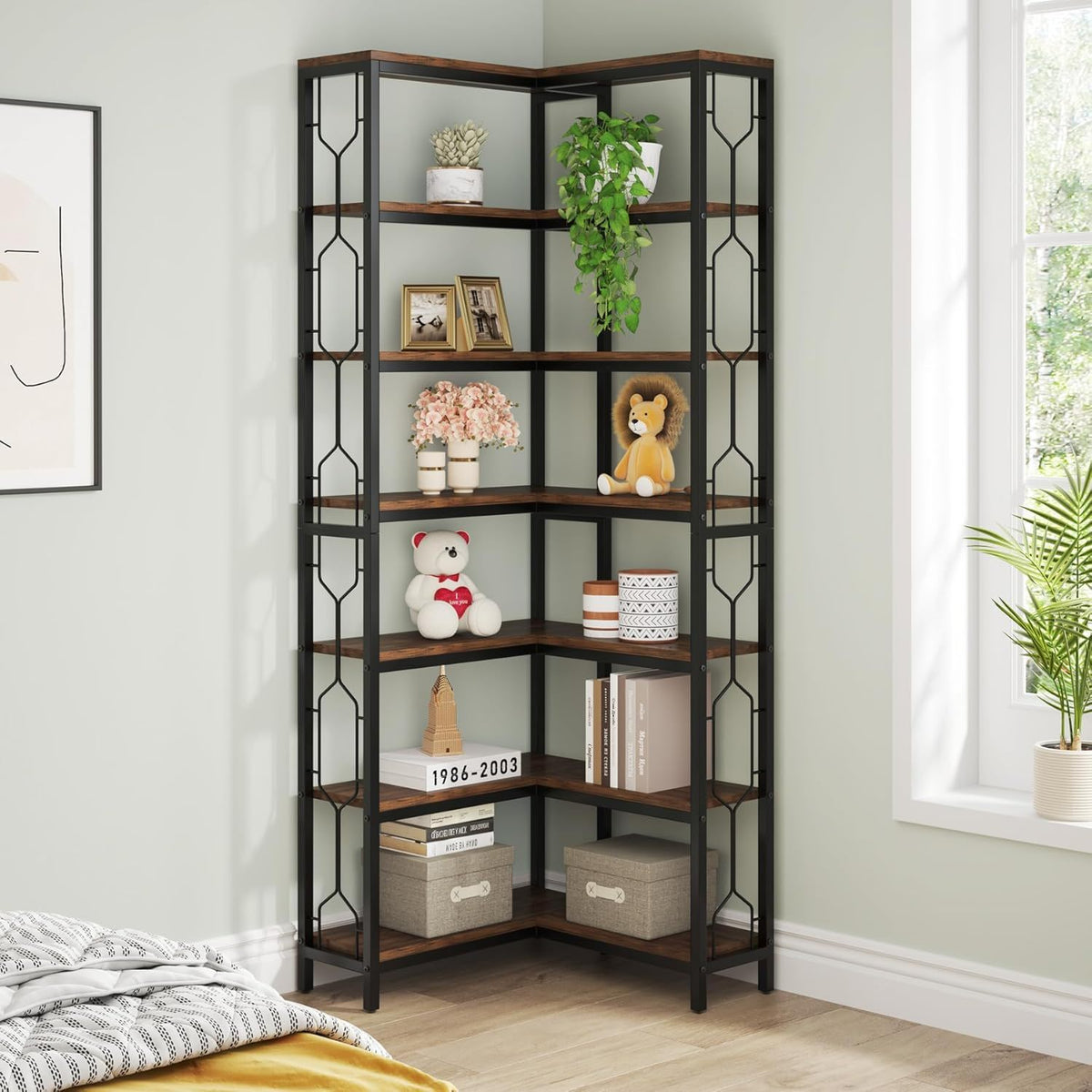 7 Tier Corner Bookshelf with Hexagonal Design - Dark Brown, White, Dark Gray, photo 7 of 12