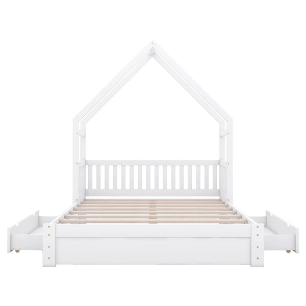 House Style Platform Bed With Guardrail And 2 Drawers