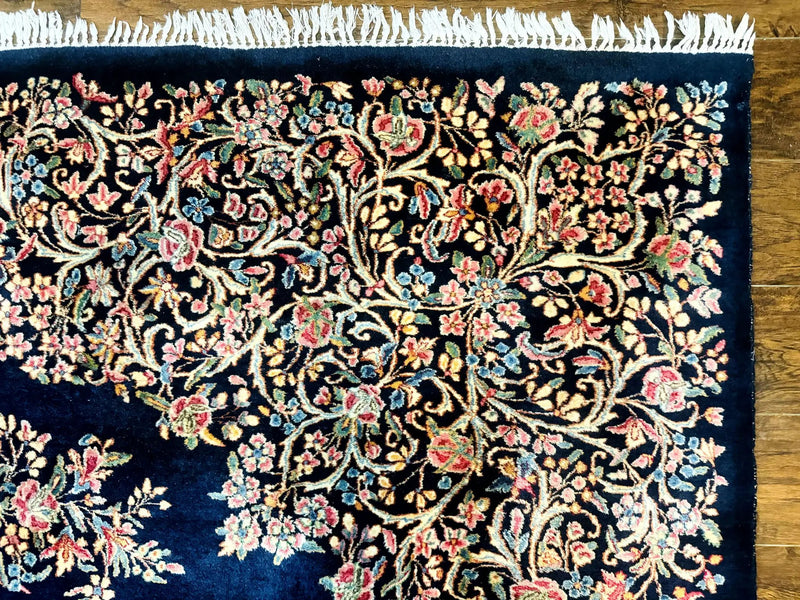 Antique Persian Kerman Rug 10x13, Navy Blue Floral Carpet, Fine 270 KPSI by Jewel Rugs