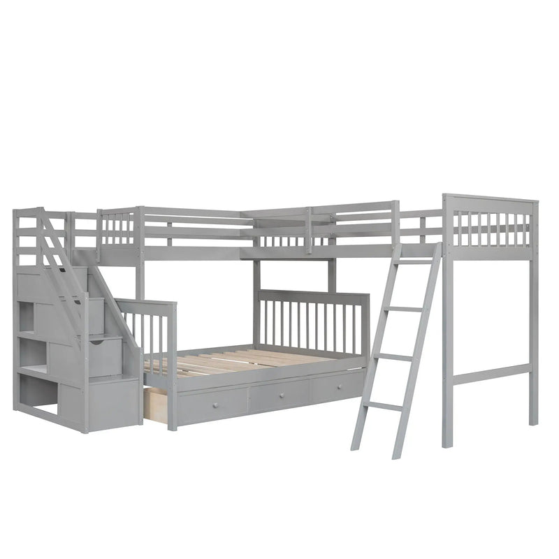 Solid L Shaped Bunk Bed With 3 Drawers, Ladder And Staircase by Unique Piece Furniture