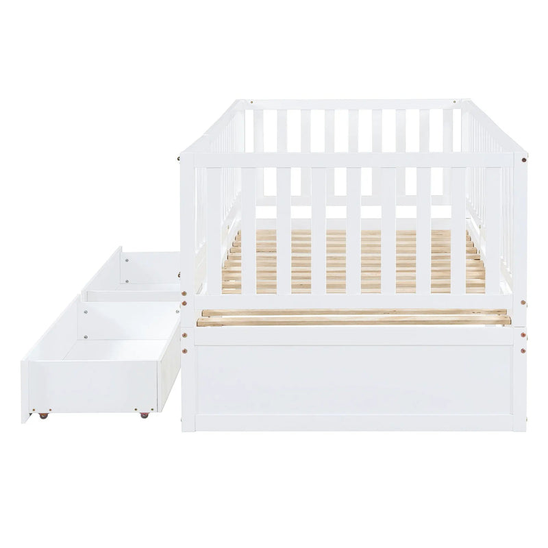 Daybed With Fence Guardrails And 2 Drawers, Split Into Independent Floor Bed & Daybed by HouseOfZazla