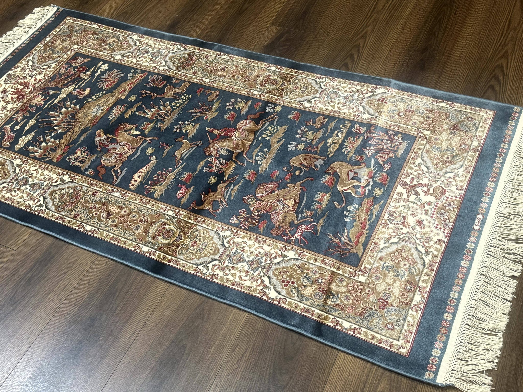 Turkish Silk Hunting Scene Rug 2.6 x 5, Dark Steel Blue & Ivory, Bamboo Silk, New by Jewel Rugs