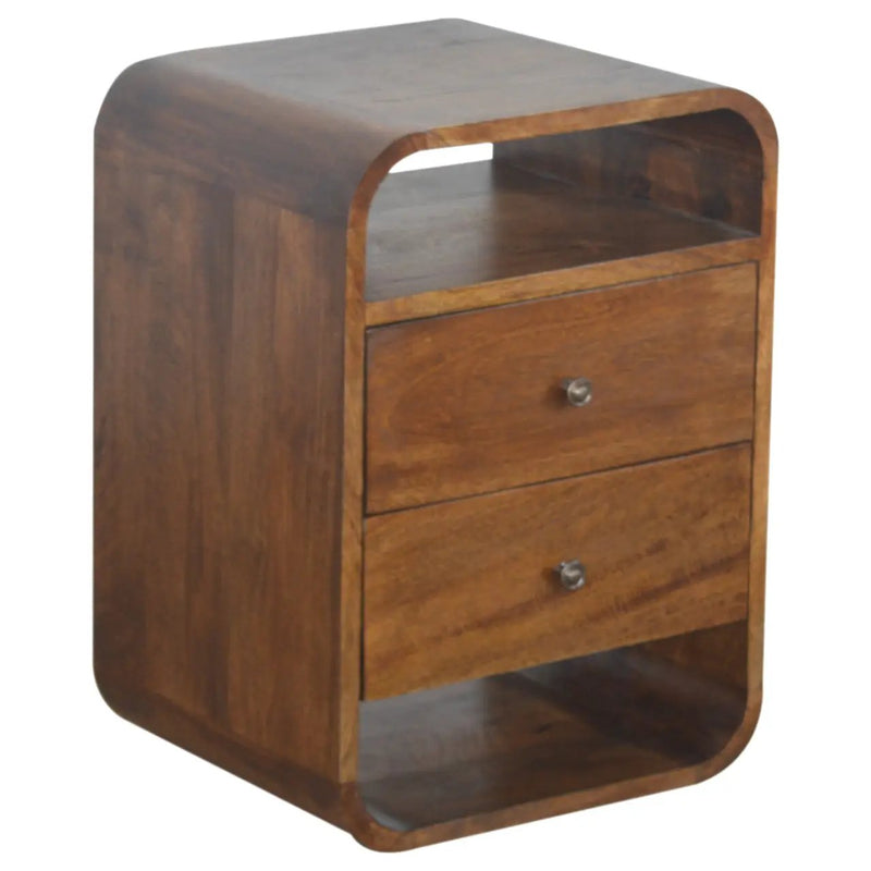 Solid Wood Chestnut Curve 2-Drawer Nightstand, 2 Open Slots by HouseOfZazla