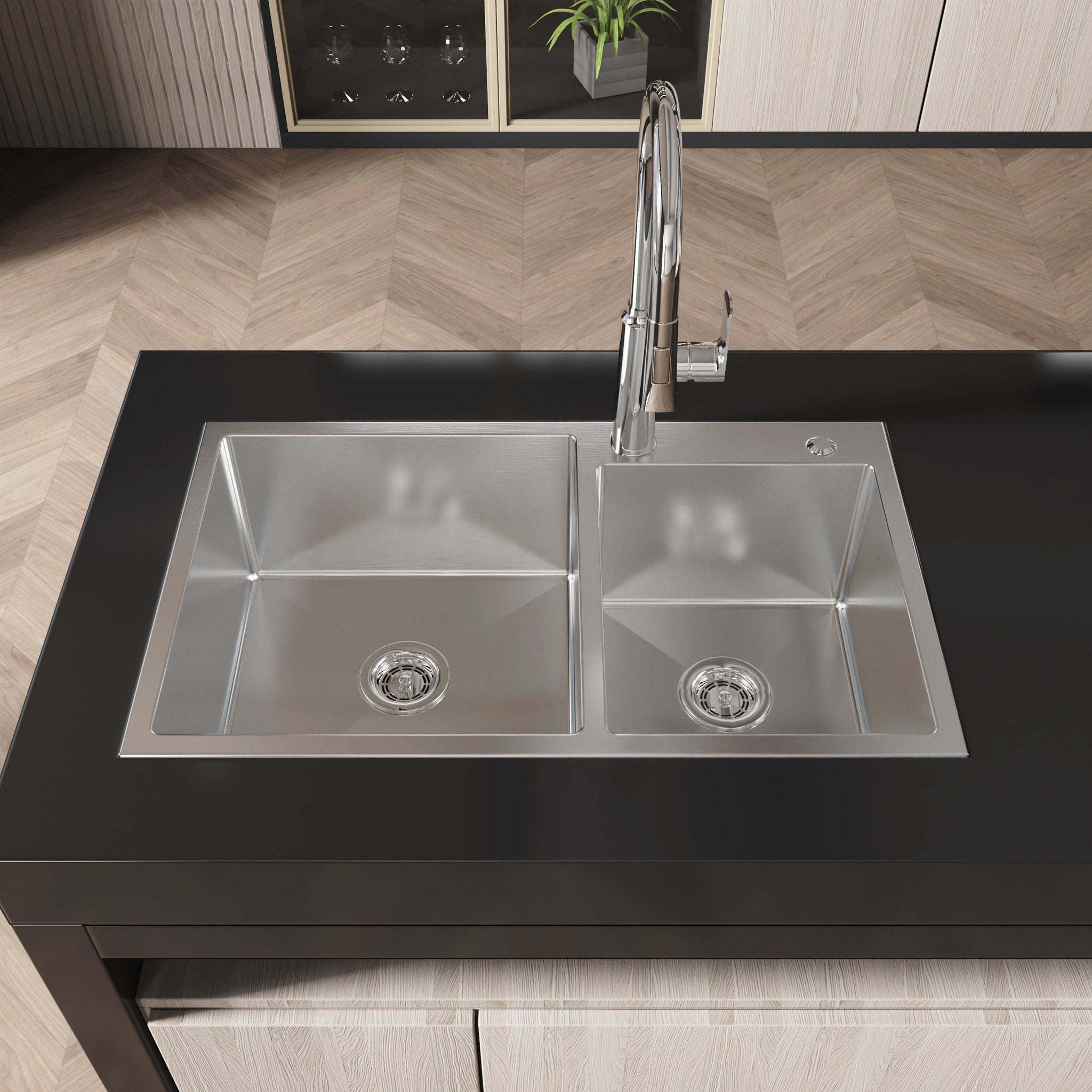 Stainless Steel Kitchen Sink, 32"x19" Double Bowl in Brushed Nickel by HouseOfZazla