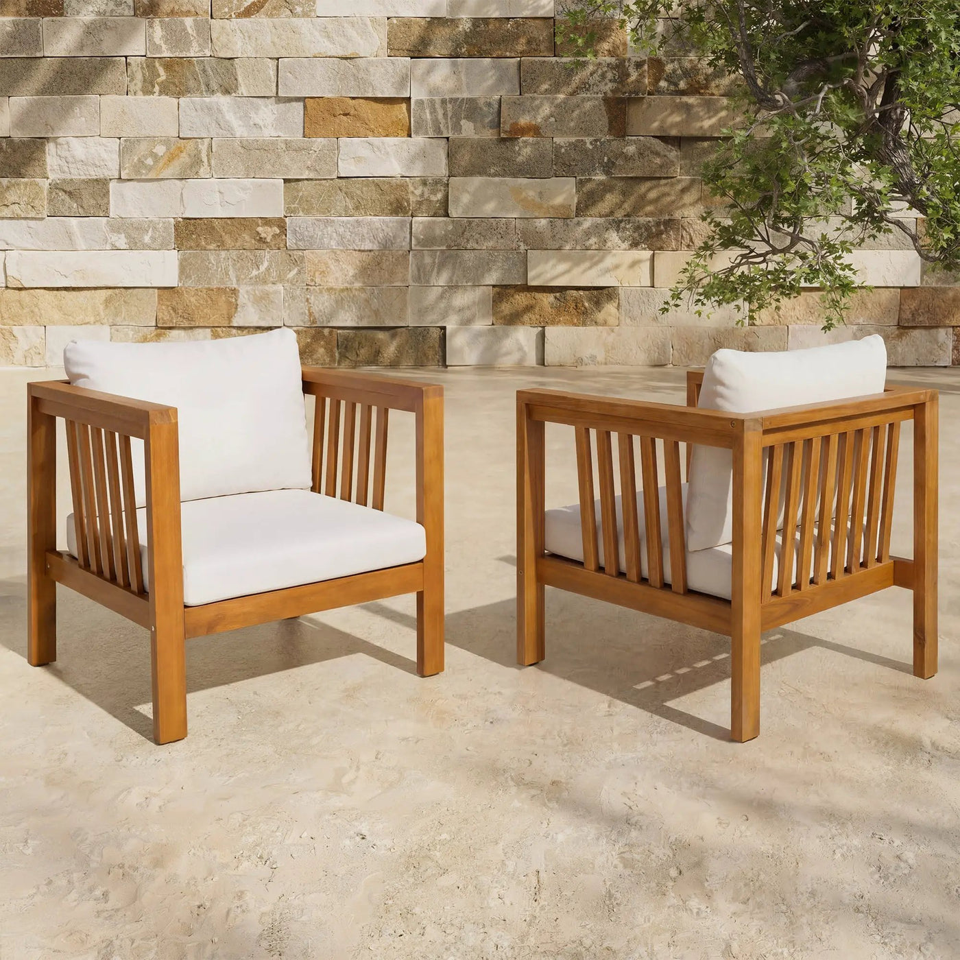 Set of 2 Outdoor Acacia Wood Club Chairs with Modern Square Arms by HouseOfZazla