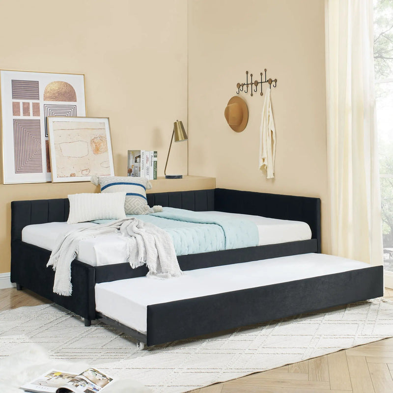 Full Size Upholstered Daybed With Trundle, Tufted Backrest And Armrests - Black by Unique Piece Furniture