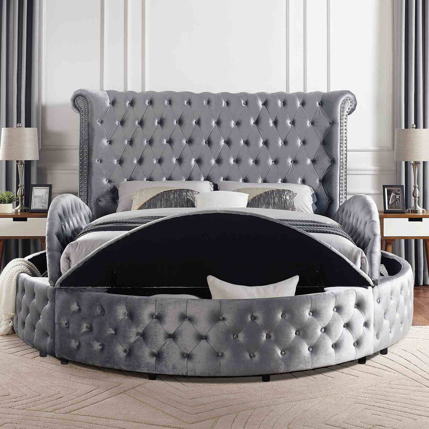 Glam Button Tufted Wingback Round Bed With Storage And USB Ports by HouseOfZazla
