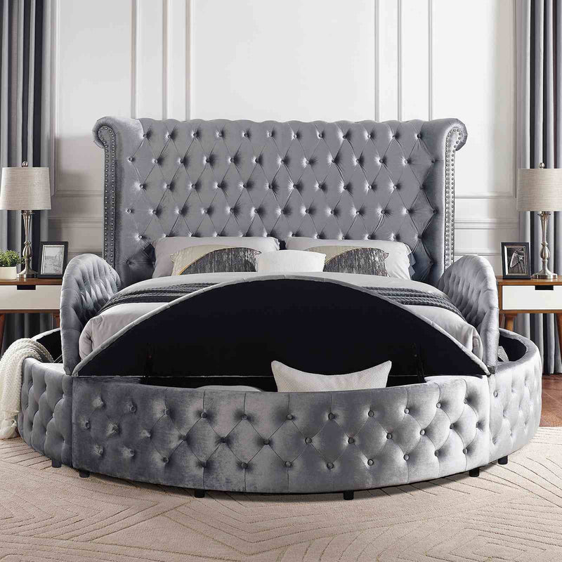 Glam Button Tufted Wingback Round Bed With Storage And USB Ports by HouseOfZazla