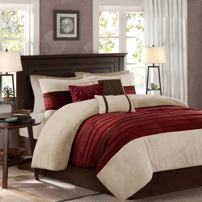 7 Pc Pieced Faux Suede Comforter Set Red King by HouseOfZazla