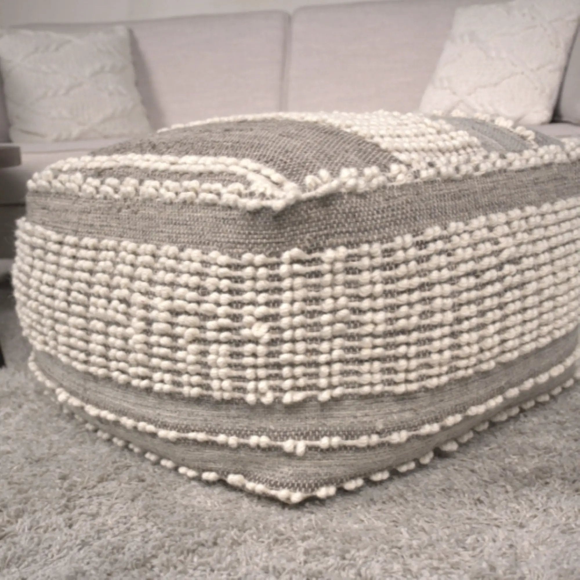 Rustic Wool And Cotton Large Pouf, Handcrafted Tufted Design - Brown / Beige by Unique Piece Furniture