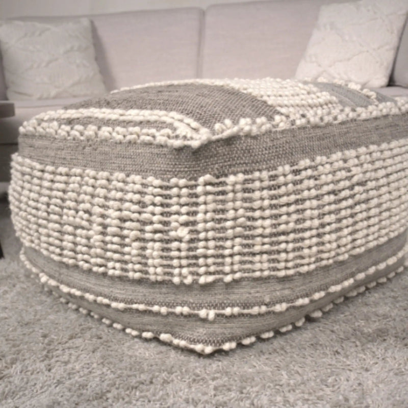 Rustic Wool And Cotton Large Pouf, Handcrafted Tufted Design - Brown / Beige by HouseOfZazla