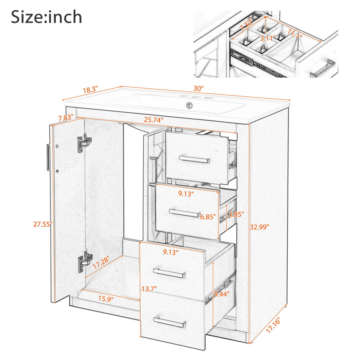 Bathroom Vanity With Sink, Storage Cabinet, Freestanding Set With 3 Drawers & Soft Closing Doors, photo 16 of 35