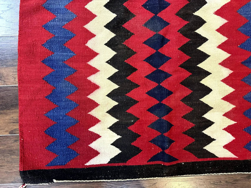 Antique Navajo Rug 3.7 x 2.8, Red Ivory Blue, Zig Zag Pattern, Handmade, Wool by Jewel Rugs