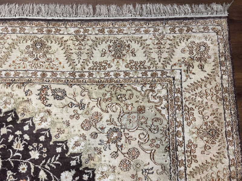 Indian Kashmiri Silk Rug 10x14, Floral Medallion by Jewel Rugs