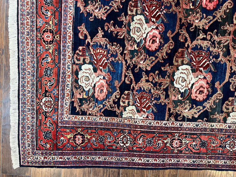 Persian Bidjar Rug 8x11, Floral Bouquets, Blue Black Red Pink, Handmade Hand Knotted Vintage Semi Antique Oriental Carpet by Jewel Rugs