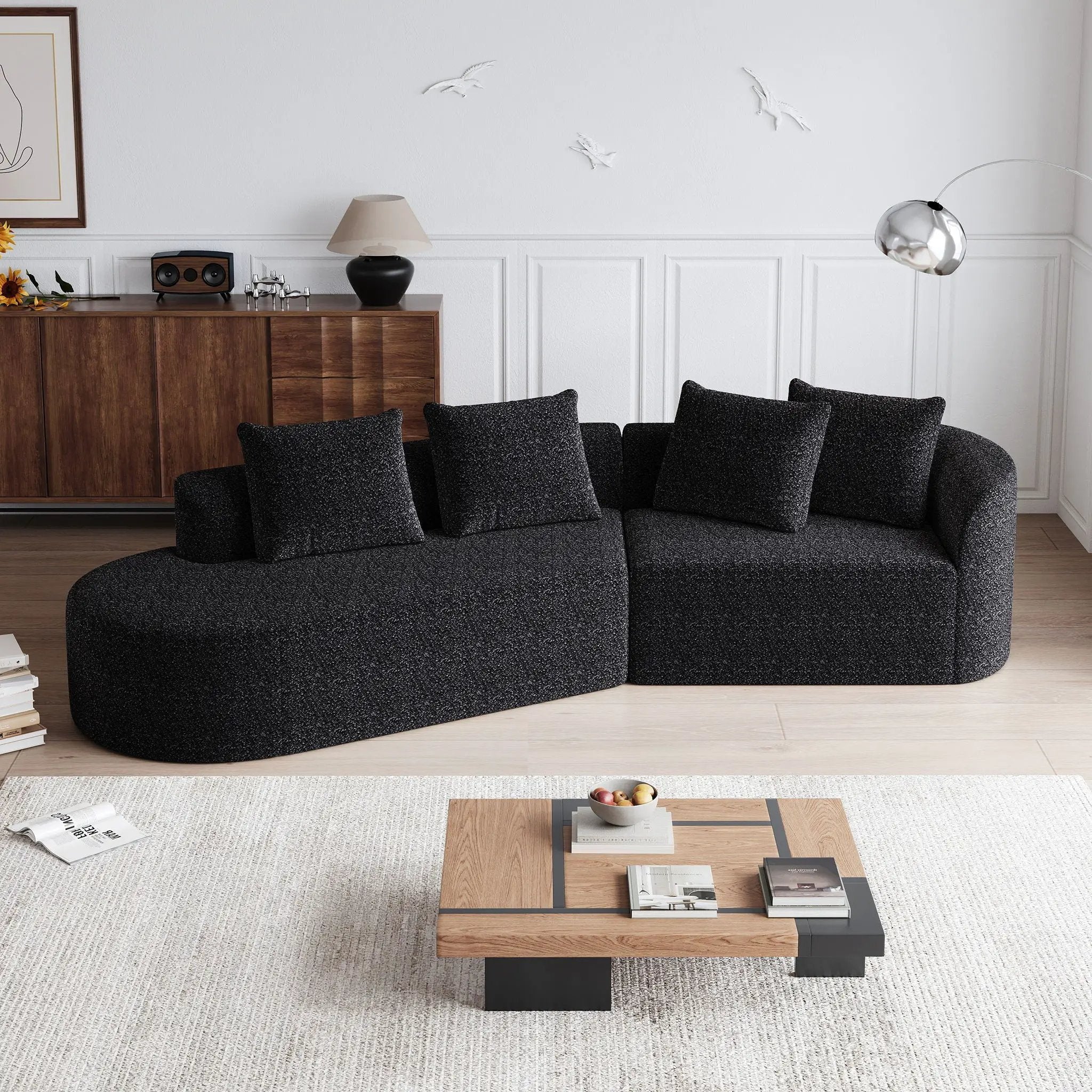 Upholstered Oversized Sectional Sofa, 4 Seater Extra Deep & Wide Seat Curved Cloud Couch With 4 Throw Pillows, Free Combination Living Room - Black by HouseOfZazla